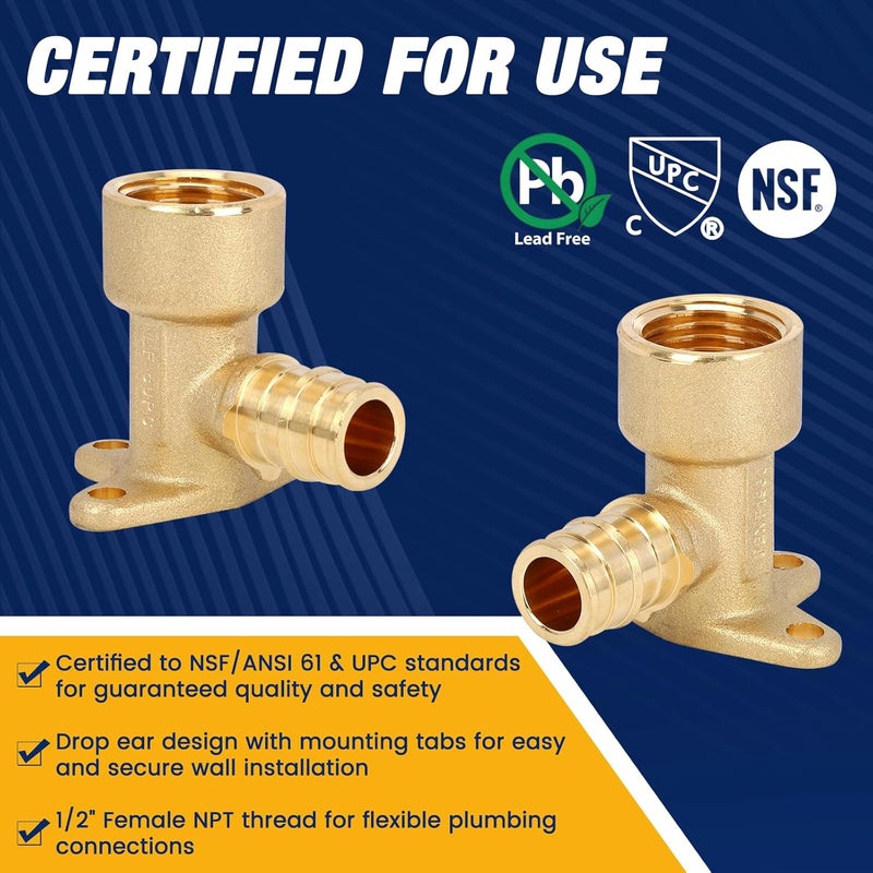 Abbiemo 10PCS PEX A Fitting Expansion 1/2" x 1/2" Female NPT Drop Ear Elbow Fittings - Lead-Free Brass, ASTM F1960 & NSF Certified, Anti-Leak Design for PEX-A Tubing - Image 4